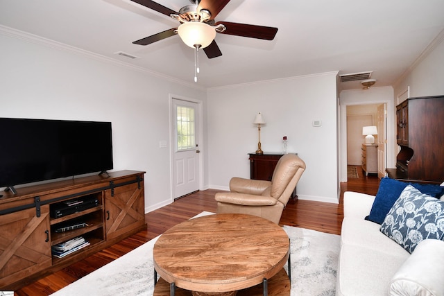 1337 Millrock Church Rd, Gray Court, SC 29645 - living room featuring crown molding, ceiling fan, visible vents, and dark wood-style flooring