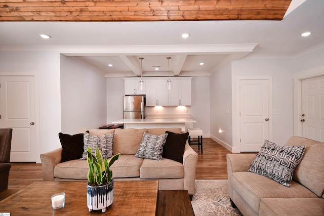 1337 Millrock Church Rd, Gray Court, SC 29645 - living area featuring baseboards, recessed lighting, crown molding, beam ceiling, and wood finished floors