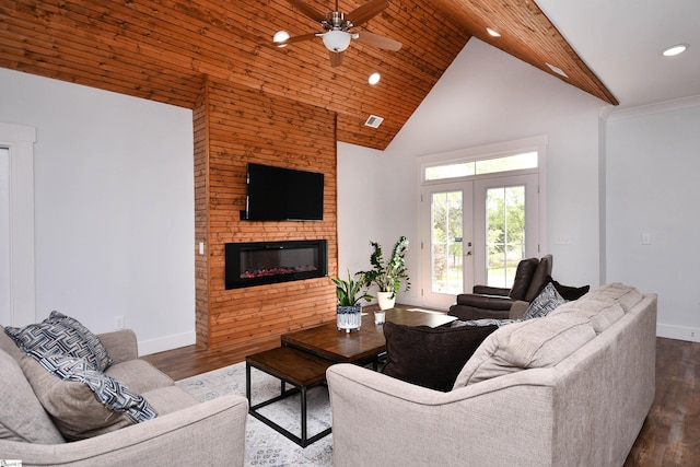 1337 Millrock Church Rd, Gray Court, SC 29645 - living area with high vaulted ceiling, a ceiling fan, a glass covered fireplace, recessed lighting, and dark wood-style floors