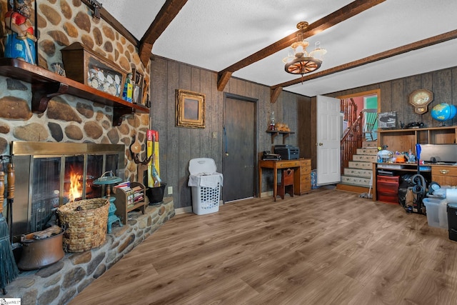 407 Rotterdam Rd, Easley, SC 29640 - interior space featuring a chandelier, wood finished floors, wood walls, stairs, and beam ceiling
