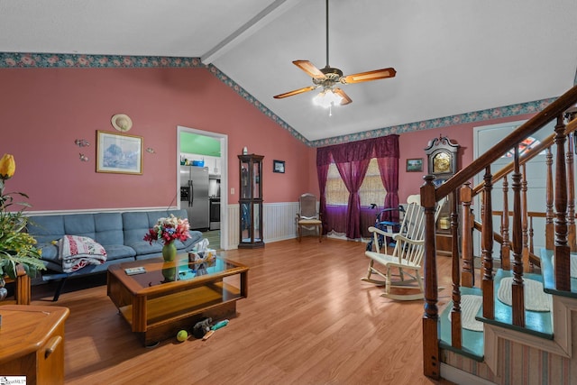 407 Rotterdam Rd, Easley, SC 29640 - living room with ceiling fan, beamed ceiling, stairway, wood finished floors, and wainscoting