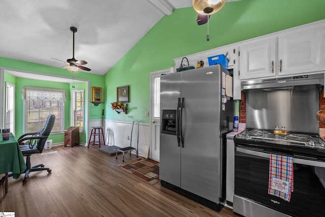 407 Rotterdam Rd, Easley, SC 29640 - kitchen featuring dark wood-type flooring, a ceiling fan, under cabinet range hood, vaulted ceiling with beams, and stainless steel appliances
