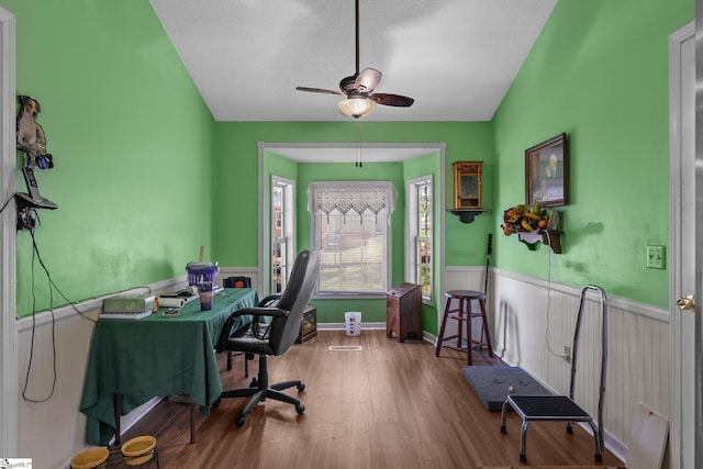 407 Rotterdam Rd, Easley, SC 29640 - office featuring a wainscoted wall, a ceiling fan, and wood finished floors