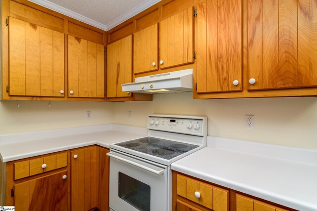 15 Red Cedar Ct, Simpsonville, SC 29681 - kitchen featuring light countertops, crown molding, under cabinet range hood, brown cabinets, and white range with electric cooktop