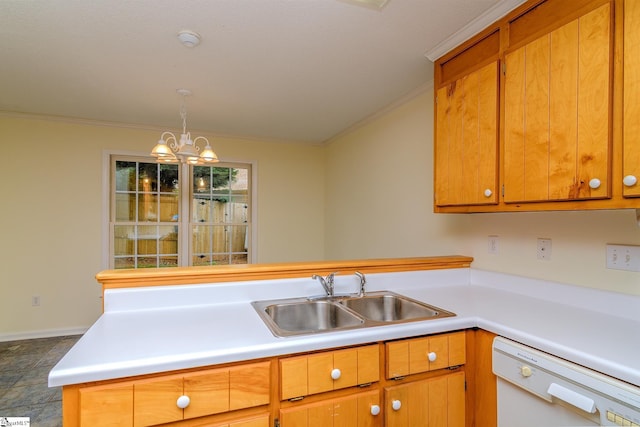 15 Red Cedar Ct, Simpsonville, SC 29681 - kitchen with white dishwasher, light countertops, a sink, and crown molding