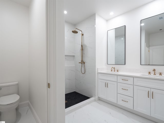 242 Queensbury Way, Spartanburg, SC 29302 - bathroom with toilet, marble finish floor, a sink, a marble finish shower, and double vanity