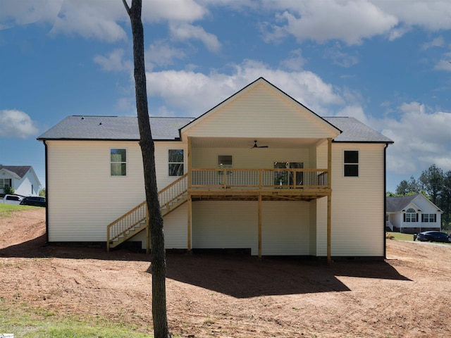 242 Queensbury Way, Spartanburg, SC 29302 - rear view of house featuring a shingled roof, a ceiling fan, a wooden deck, and stairway