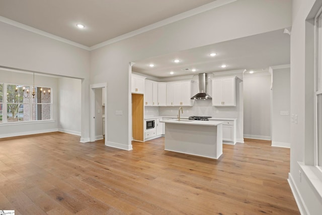 47 Park Vista Way, Greenville, SC 29617 - kitchen with light countertops, crown molding, wall chimney exhaust hood, decorative backsplash, and a sink