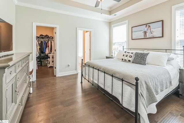 bedroom with a spacious closet, visible vents, ornamental molding, and dark wood finished floors
