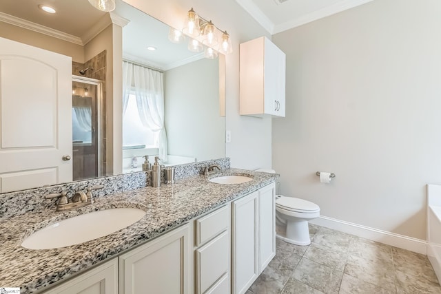 full bathroom with toilet, a sink, and ornamental molding