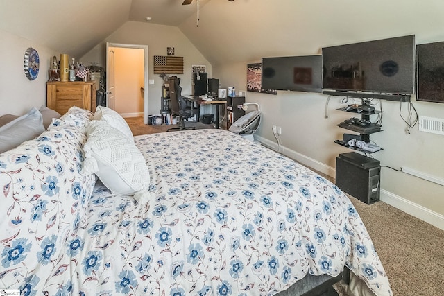 carpeted bedroom with baseboards, visible vents, ceiling fan, and vaulted ceiling