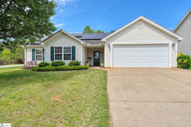 611 Grover Dr, Lyman, SC 29365 - ranch-style home with a front yard, solar panels, a garage, and driveway