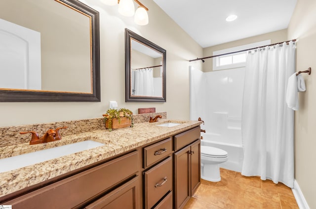 full bathroom with double vanity, toilet, and shower / bathtub combination with curtain