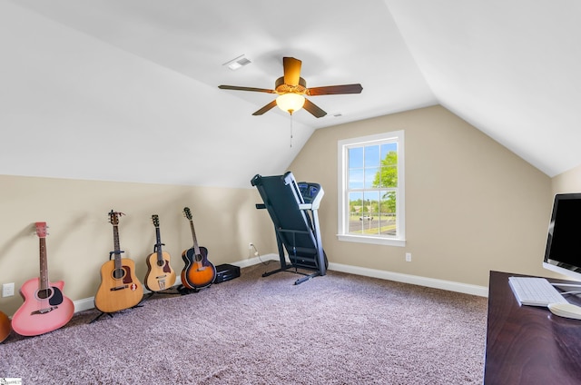 bonus room featuring vaulted ceiling, ceiling fan, carpet floors, and baseboards