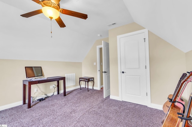 bonus room featuring vaulted ceiling, carpet floors, a ceiling fan, and baseboards