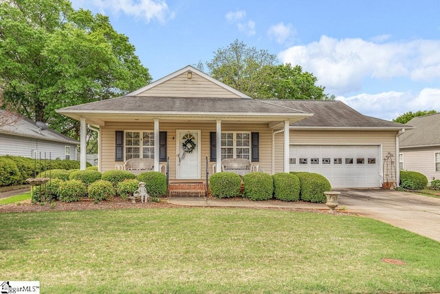 view of front of property with a front yard, a porch, an attached garage, driveway, and roof with shingles