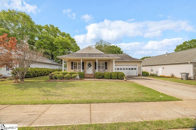 view of front facade featuring a front lawn, covered porch, a garage, and concrete driveway