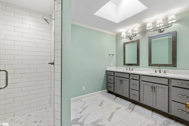 full bathroom featuring marble finish floor, a sink, and a stall shower
