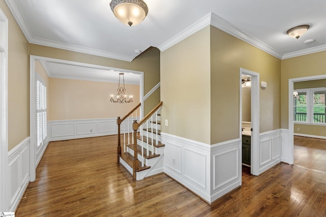 stairs with a notable chandelier, a decorative wall, crown molding, wainscoting, and wood finished floors