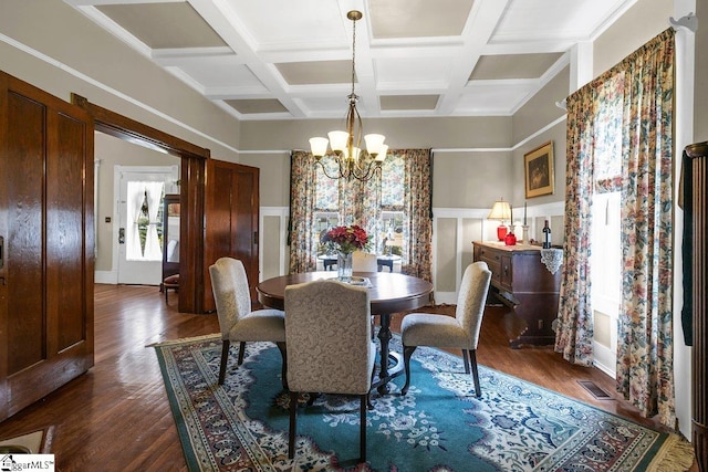 406 N Main St, Fountain Inn, SC 29644 - dining area featuring a chandelier, dark wood-style flooring, beam ceiling, and coffered ceiling