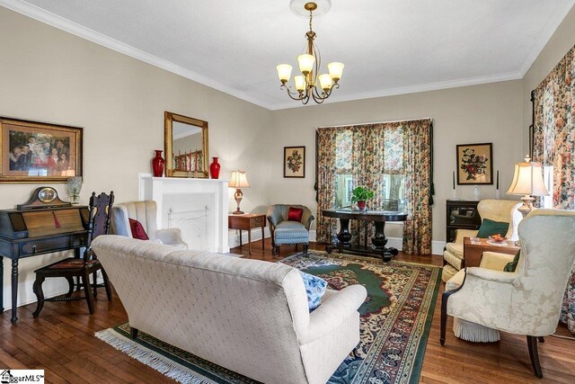 406 N Main St, Fountain Inn, SC 29644 - living area with wood finished floors, a notable chandelier, ornamental molding, and baseboards