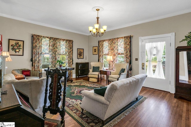 406 N Main St, Fountain Inn, SC 29644 - living area with crown molding, a notable chandelier, and hardwood / wood-style flooring
