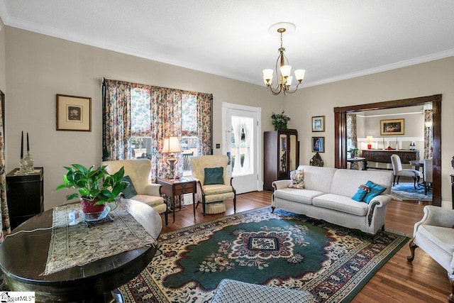 406 N Main St, Fountain Inn, SC 29644 - living area with wood finished floors, an inviting chandelier, and ornamental molding