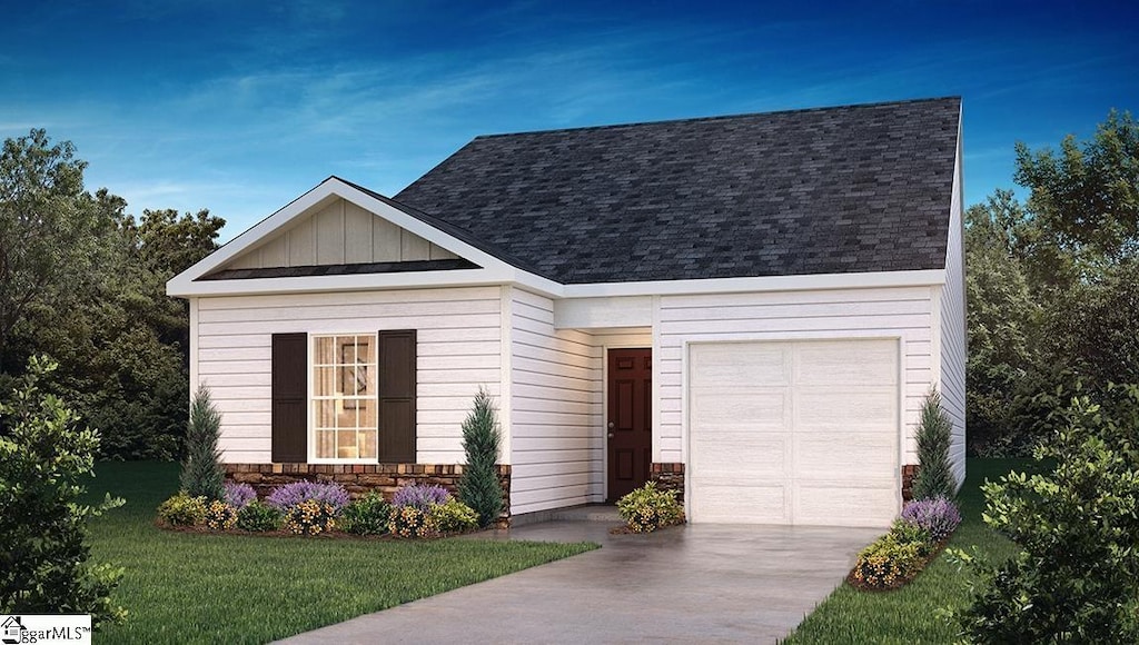 view of front of house with stone siding, a garage, concrete driveway, a front lawn, and roof with shingles