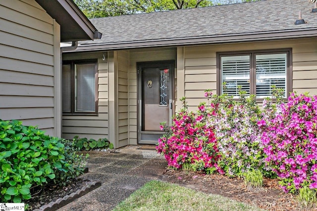 entrance to property with roof with shingles