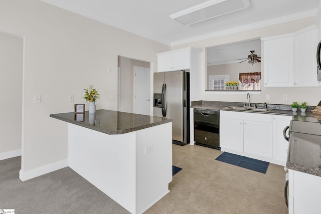 kitchen featuring stainless steel fridge with ice dispenser, a peninsula, white cabinetry, black dishwasher, and a sink