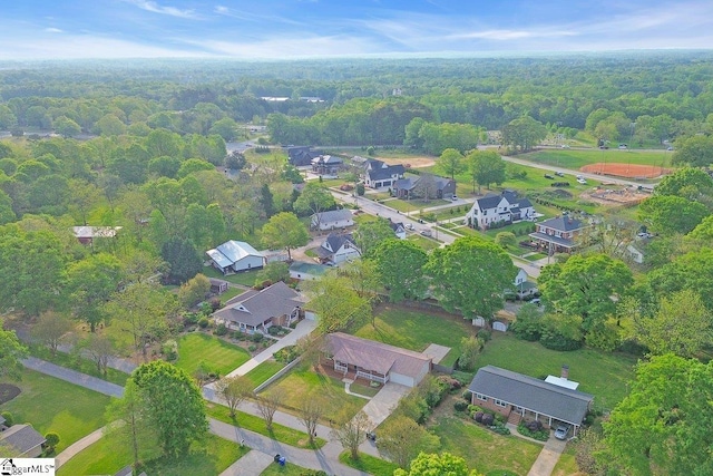 birds eye view of property with a view of trees and a residential view