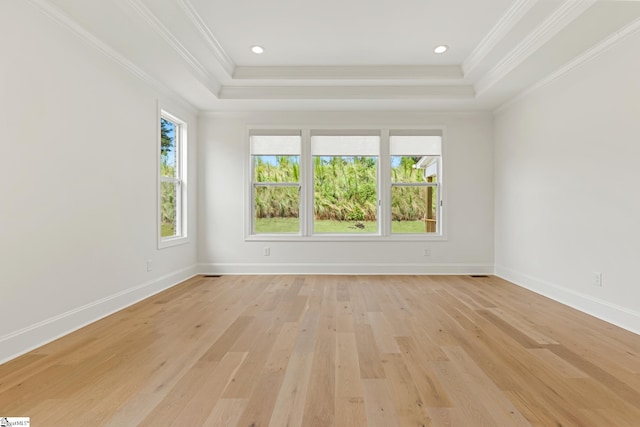 empty room featuring ornamental molding, light wood-style flooring, and a raised ceiling