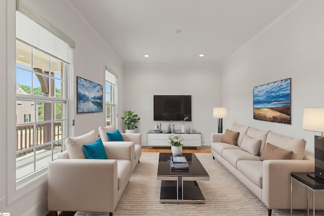 living area featuring wood finished floors, recessed lighting, crown molding, and a healthy amount of sunlight