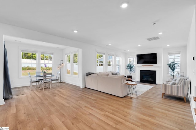 102 Moorish Cir, Simpsonville, SC 29681 - living room featuring light wood-style floors, a wealth of natural light, a fireplace with flush hearth, and visible vents