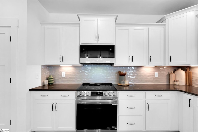 102 Moorish Cir, Simpsonville, SC 29681 - kitchen with white cabinets, electric stove, and dark countertops