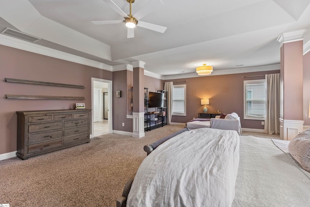 bedroom with baseboards, ornamental molding, visible vents, and carpet