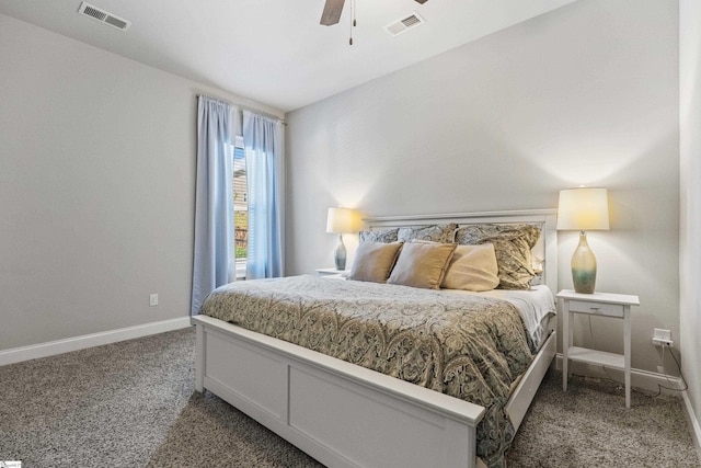 bedroom with baseboards, a ceiling fan, visible vents, and carpet