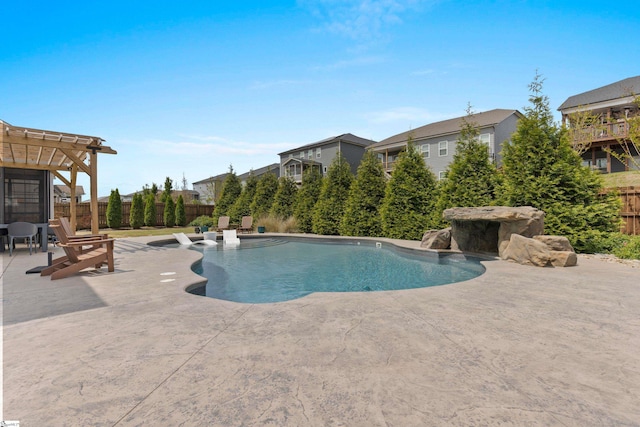 view of pool with a fenced backyard, a fenced in pool, and a patio