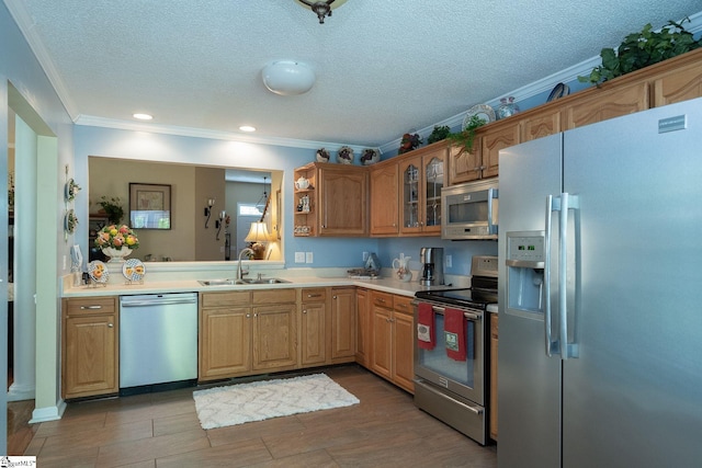 38 River Park Ln, Taylors, SC 29687 - kitchen featuring a sink, a textured ceiling, glass insert cabinets, crown molding, and appliances with stainless steel finishes