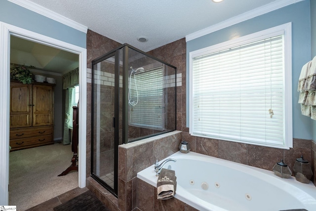 38 River Park Ln, Taylors, SC 29687 - full bathroom featuring a whirlpool tub, a textured ceiling, a shower stall, and ornamental molding
