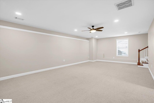 empty room with visible vents, recessed lighting, and ceiling fan