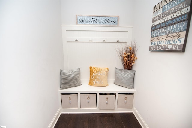 mudroom featuring baseboards and dark wood-style flooring