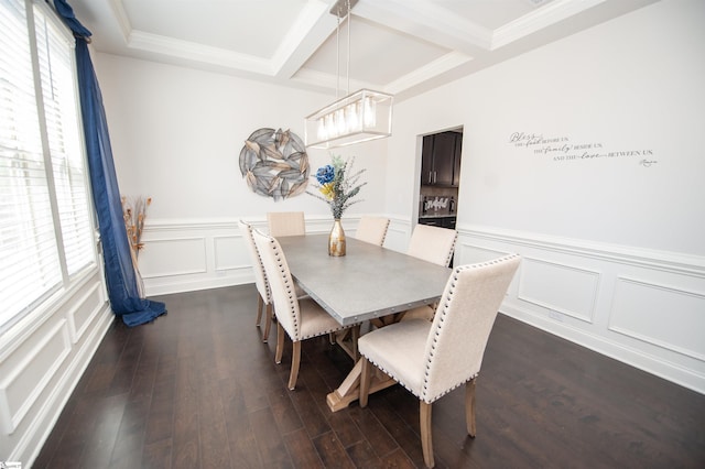 dining space with dark wood-style floors, beam ceiling, wainscoting, coffered ceiling, and a decorative wall