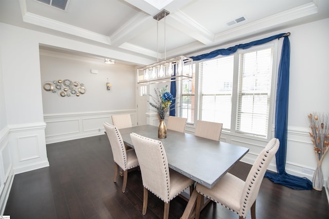 dining space featuring beamed ceiling, plenty of natural light, visible vents, and dark wood-style floors