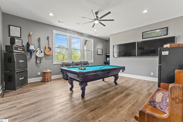 1359 Martin Creek Rd, Seneca, SC 29678 - game room with light wood-style flooring, visible vents, baseboards, a ceiling fan, and pool table