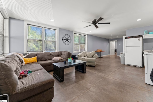 1359 Martin Creek Rd, Seneca, SC 29678 - living room featuring concrete floors, a ceiling fan, and recessed lighting