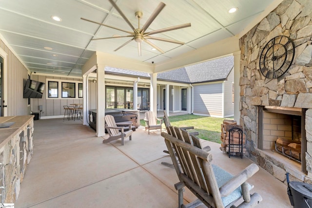 1359 Martin Creek Rd, Seneca, SC 29678 - view of patio featuring an outdoor stone fireplace and a ceiling fan