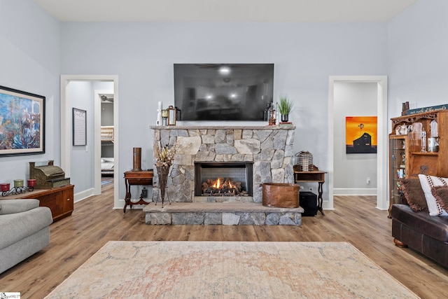 1359 Martin Creek Rd, Seneca, SC 29678 - living room with baseboards, a stone fireplace, and wood finished floors