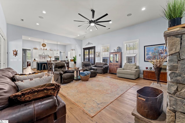 1359 Martin Creek Rd, Seneca, SC 29678 - living area with light wood-type flooring, recessed lighting, ceiling fan, and a healthy amount of sunlight