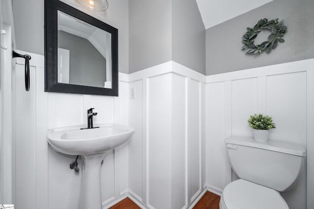 half bathroom with wainscoting, wood finished floors, a sink, and toilet